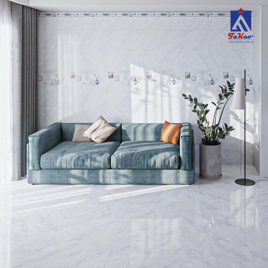 Gạch tráng men bóng có bề mặt sáng bóng, phản chiếu ánh sáng tốt, giúp phòng khách trở nên rực rỡ và tươi mới