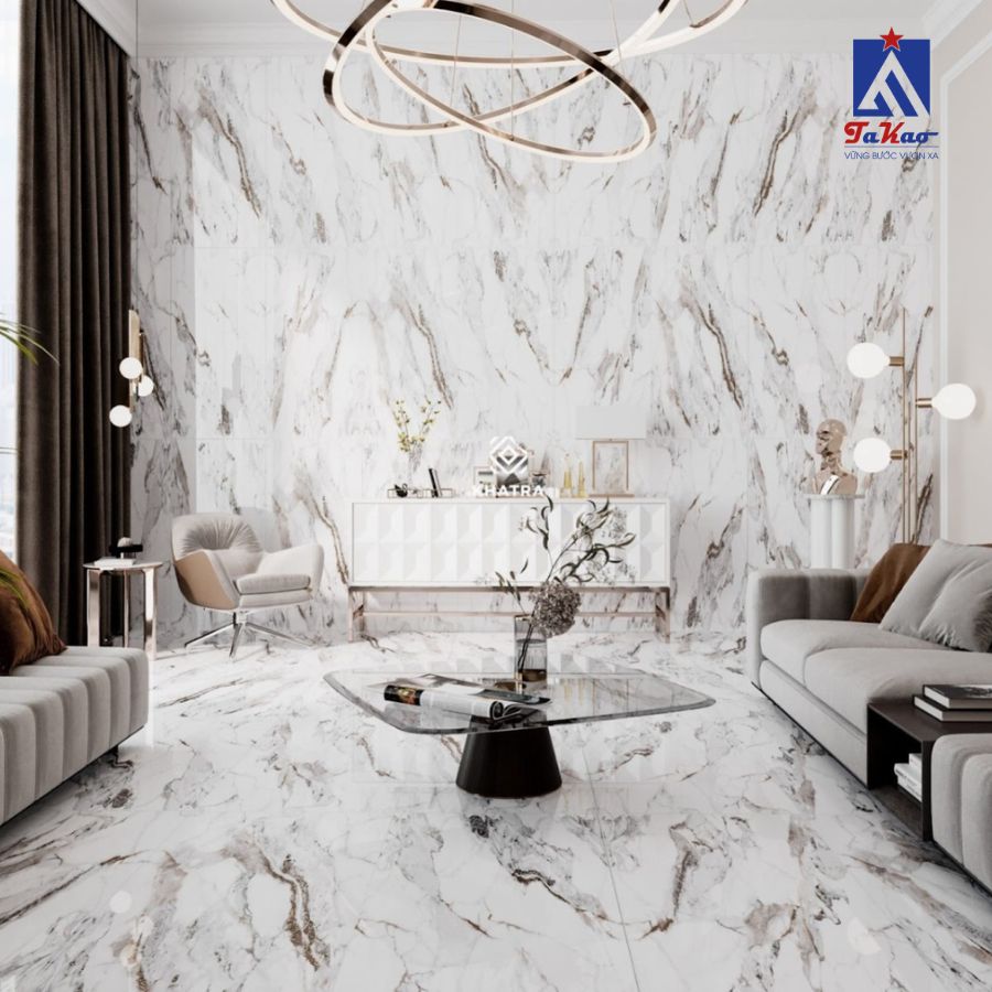 Gạch vân đá cẩm thạch mang lại sự tinh tế cho phòng khách